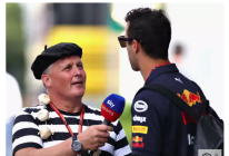 johnny herbert wearing a french costume including beret, interviews daniel ricciardo