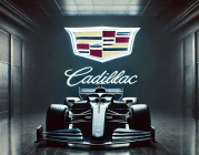 Mockup of a Cadillac Formula 1 car in front of the famous logo
