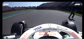 onboard view of lawson's RB and a marshal running out of thre way